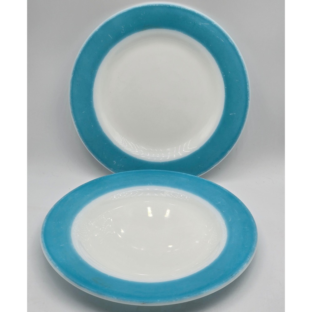 Vintage Pyrex Dessert Plates Set of 2 6.75in Turquoise Teal Band Milk Glass MCM